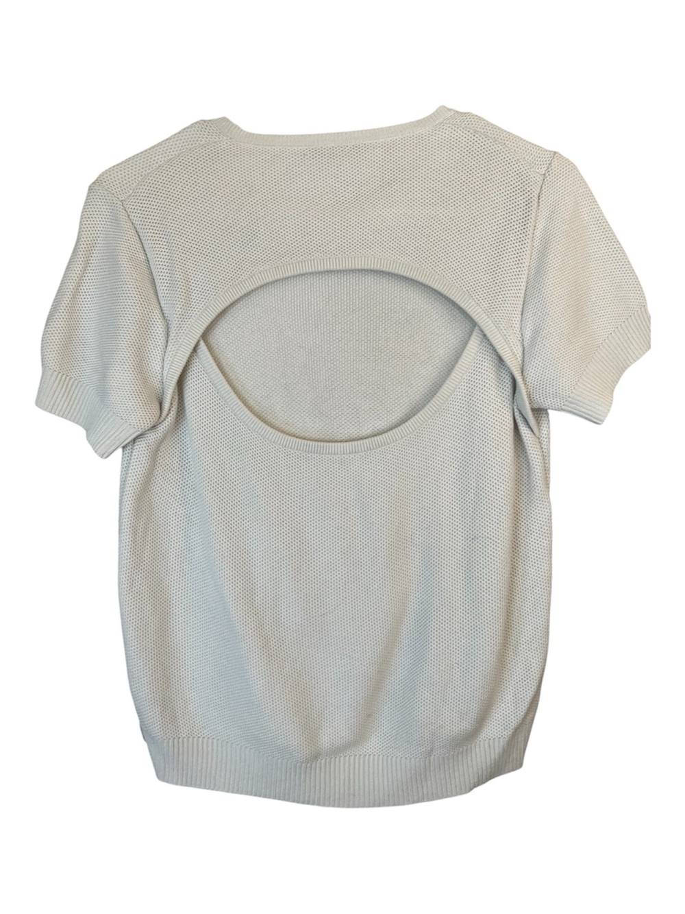 Carven Cut Out Back Minimalist Honeycomb Short Sleeve Knit Sweater - Cream